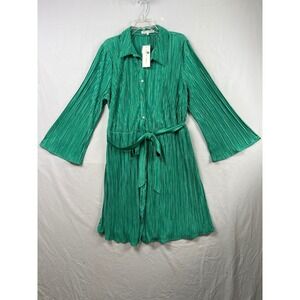 Madison + Hudson Shirt Dress Womens 1X Green Pleated Bell Sleeve Belted GK55008
